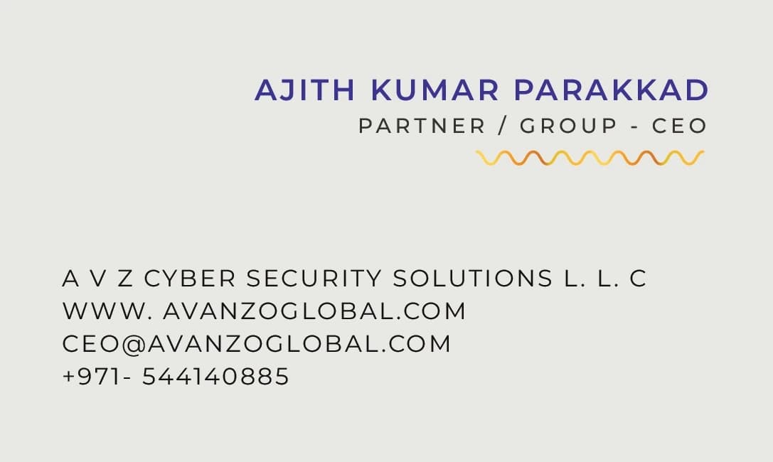 Visiting card of Ajith Kumar Parakkad, Chief Executive Officer