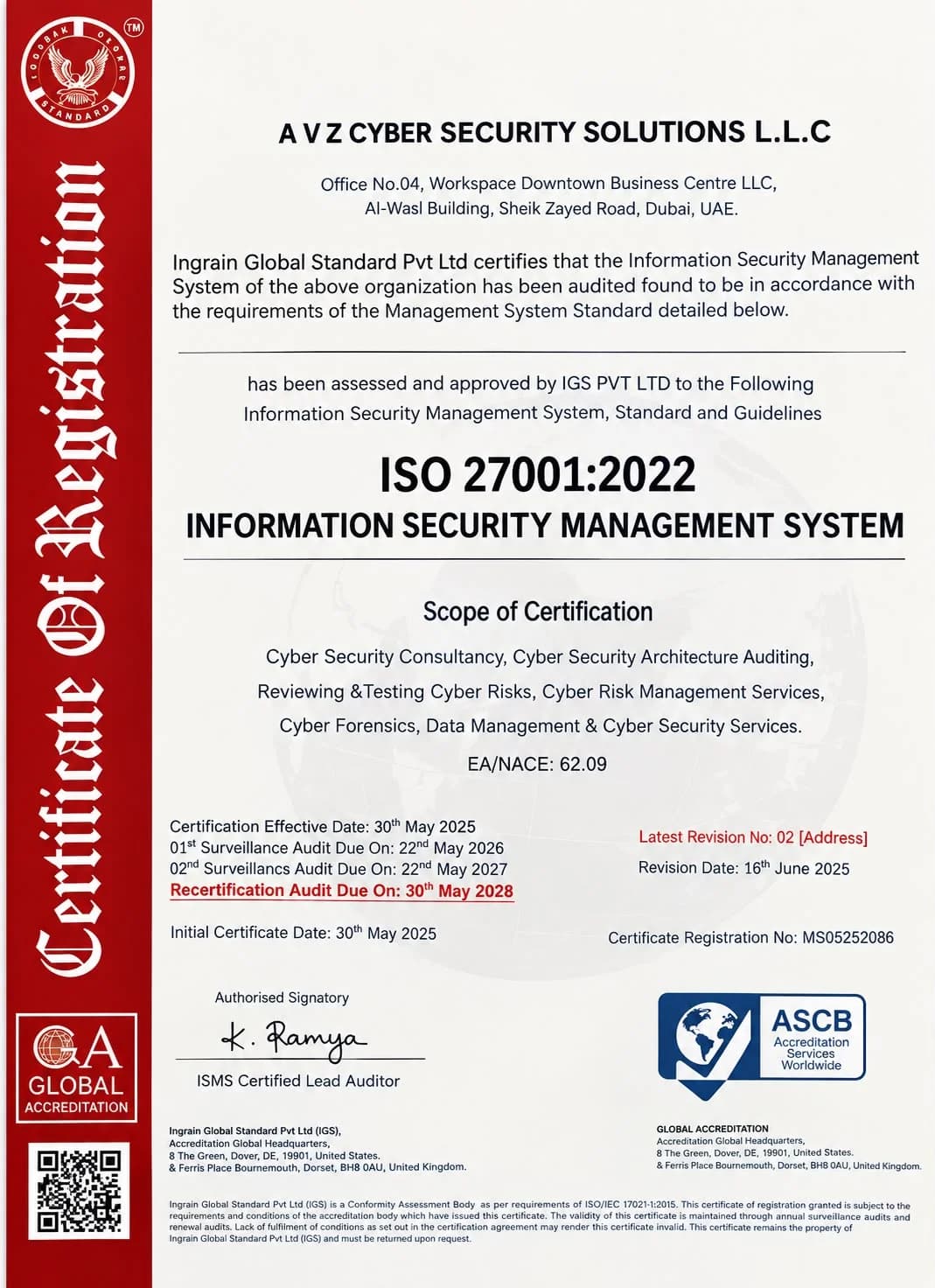 ISO 27001:2022 Certificate of Registration issued to AVZ Cyber Security Solutions L.L.C